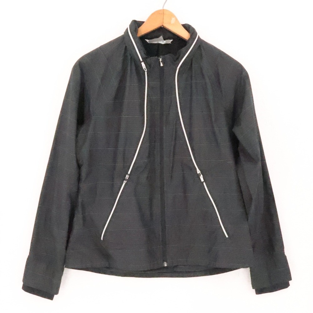 Athleta Pinstripe Run On Windbreaker Full Zip Jacket Womens Size L Hood Pockets